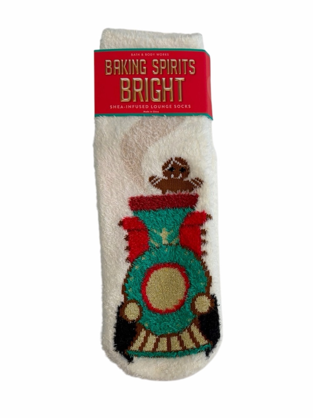 Bath & Body Works Christmas Gingerbread Man on Train Holiday Fuzzy Socks NWT